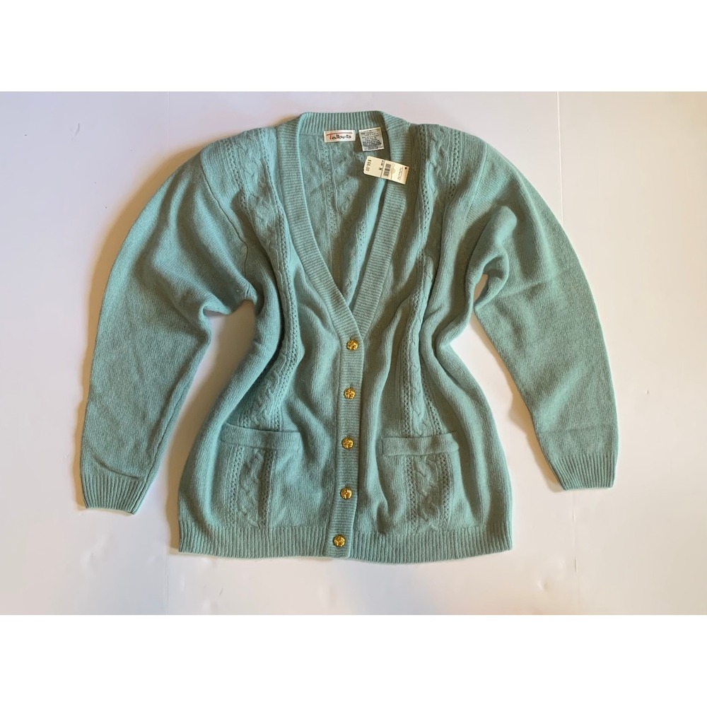Talbots Vintage Lambswool Angora Cable Knit Cardigan Seafoam Green Gold Button M